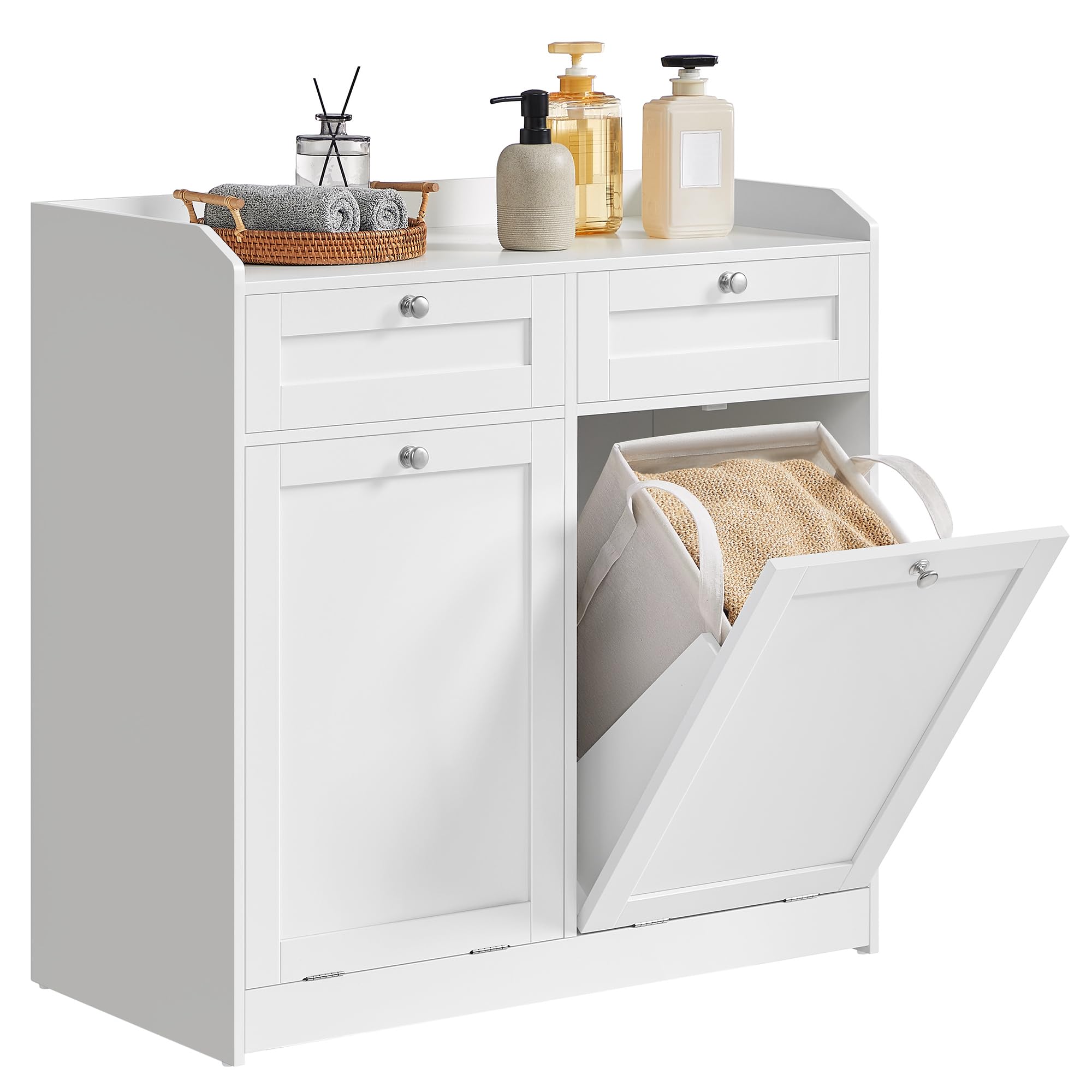 Photo 1 of **DAMAGE MINIOR** VASAGLE Laundry Cabinet with Tilt-Out Basket, Freestanding Storage Unit with Drawer and Laundry Hamper, for Bathroom, Living Room, 15.8 x 31.1 x 31.5 Inches, Cloud White UBBC751W01