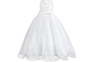 IDOPIP Flower Girl Lace Dress for Kids Wedding Bridesmaid Pageant Party Formal Long Gown Princess Communion Tulle Bow Dresses