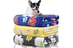Rezutan Dog Blankets for Small Dogs,1 Pack 3 Premium Soft Dog Puppy Blankets, with Flannel Cute Elephant Dog Paw, Small Cat Kitten Blankets, Grey/Blue/Yellow, 24x20 inch.