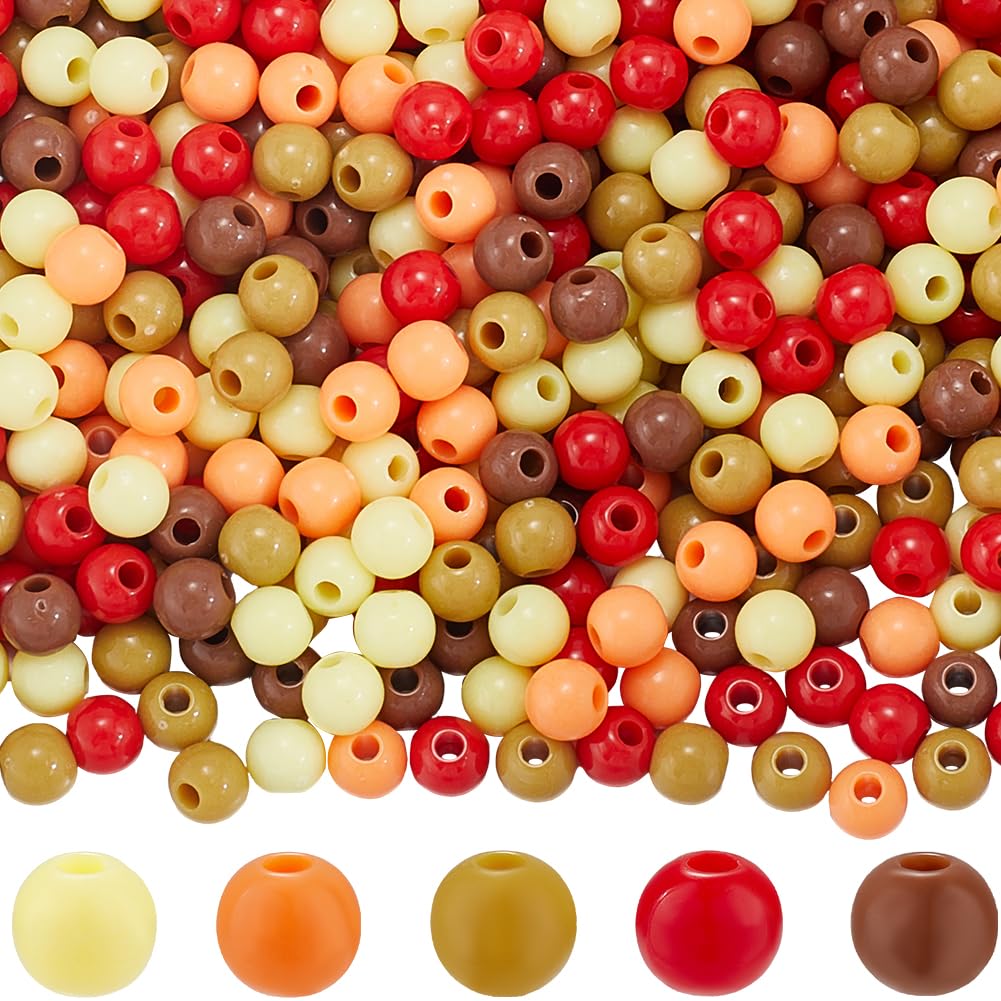 SOFPLATE 1500Pcs 5 Colors 6mm Thanksgiving Day Beads Autumn Beads Plastic Acrylic Assorted Yellow Brown Orange Round Fall Bead for jewellery Hair Making Bracelet Necklace DIY Crafts Beading Supplies