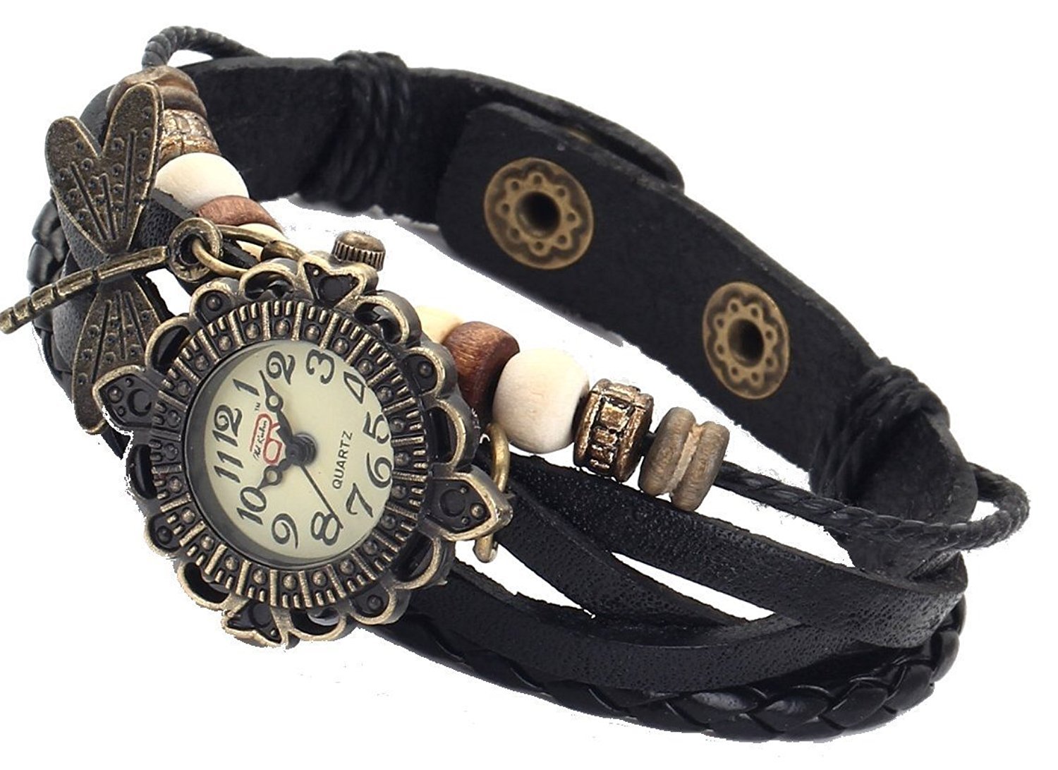 Boolavard Dragonfly Quartz Fashion Weave Wrap Around Leather Bracelet Women Wrist Watch
