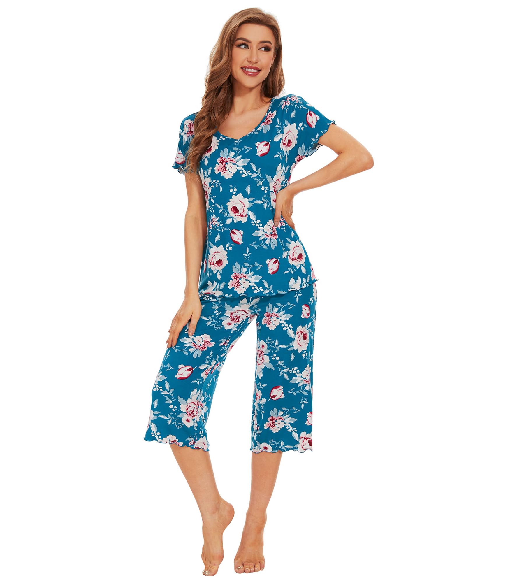 WiWi Cooling Pajamas for Women Soft Bamboo Viscose Lounge Sets Short Sleeve Top Capri Pants Pjs Sleepwear S-4X, Teal Blue/Peony, 4X Image