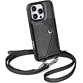 LUCKYCOIN Crossbody Wallet Phone Case for iPhone 16 Pro, Genuine Phone Case with Expandable Wallet Card Holder & Adjustable Removable Crossbody Strap, Phone Purse with Card Slot - Pebble Black
