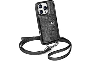 LUCKYCOIN Crossbody Wallet Phone Case for iPhone 16 Pro,100% Genuine Leather Wallet Phone Case with Expandable Flip Card Holder,Phone Purse for Women with Adjustable Removable Strap - Pebble Black