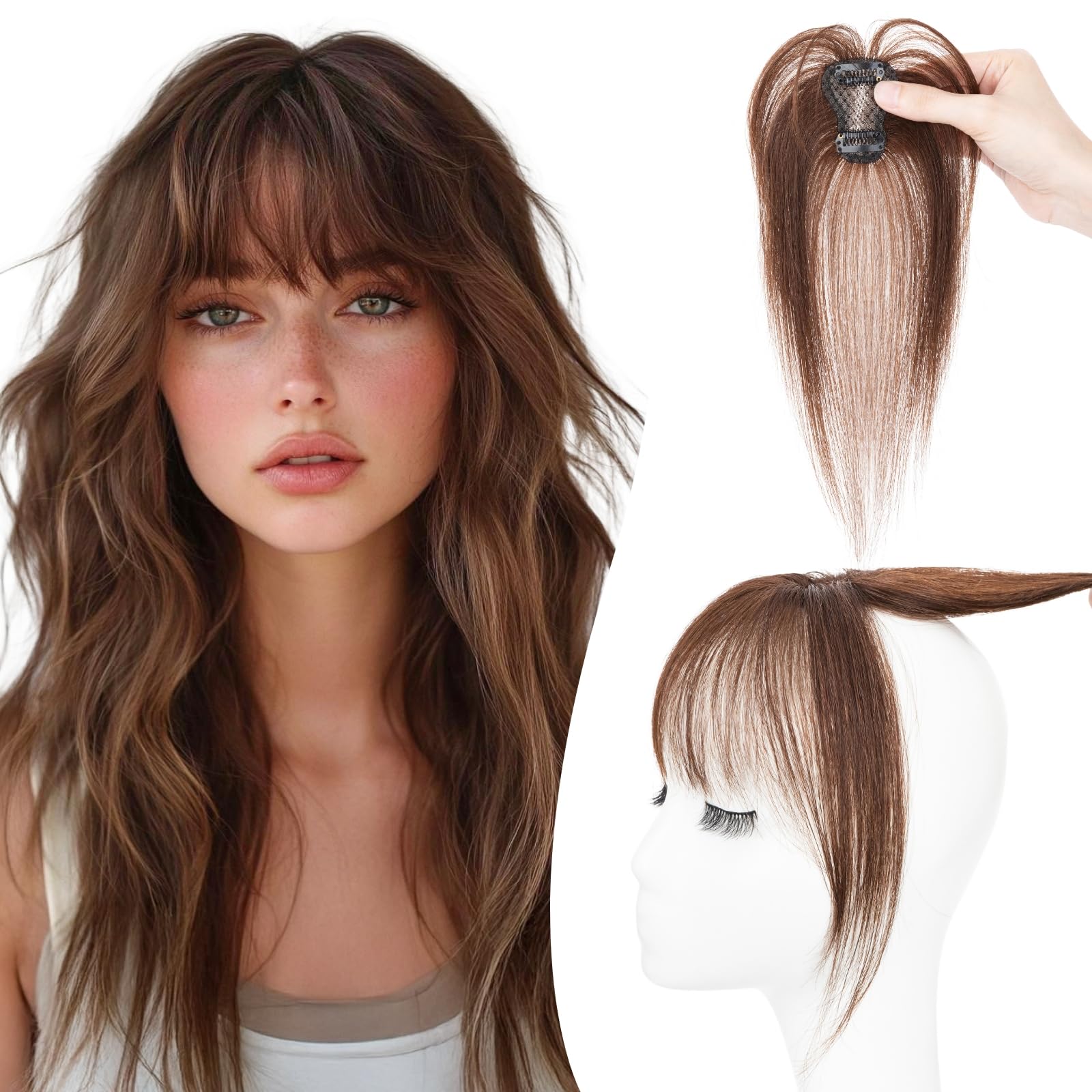 Photo 1 of TESSHAIR Bangs Hair Clip Human Hair, 100% Remy Human Hair, No Tangle & Smooth, 4x6 3D Wispy Bangs, 10g # Dark Brown