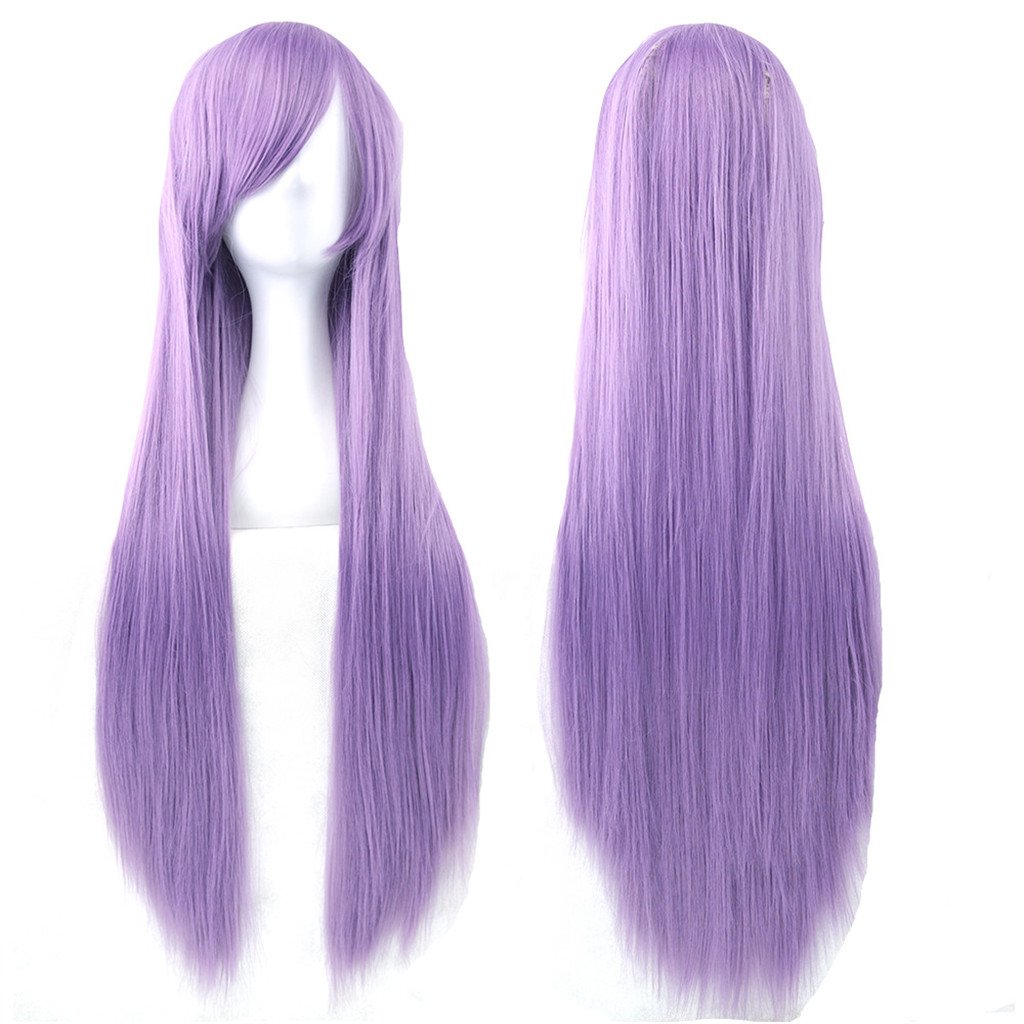 Fouriding 32" Violet Women's Long Straight Full Wigs Costume Synthetic Hair Hairpieces with Oblique Bangs for Halloween Anime Cosplay Party Girl Women +Wig Cap