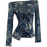 OYOANGLE Women's Graphic Long Sleeve Tie Front Blouse V Neck Split Hem Fitted Mesh Going Out Tops