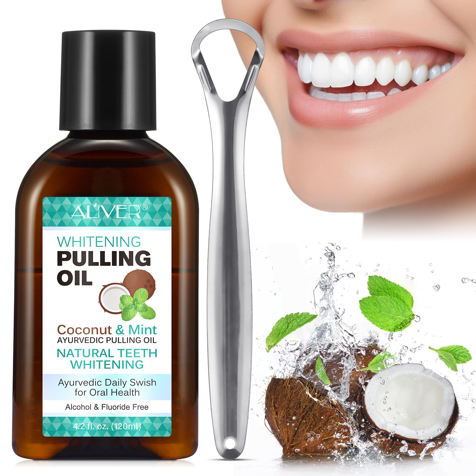 Whitening Pulling Oil, Coconut Oil Mouthwash,Natural Whiten Oilpulling Mouth Wash, 120ml Premium Cleansing & Plaque Reducing Blend - Remove Tartar & Plaque with Tongue Scraper and Measuring Cup