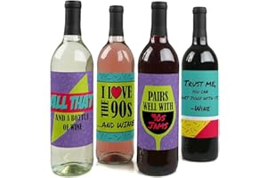 BIG DOT OF HAPPINESS 90's Throwback - 1990s Wine Party Decorations for Women and Men - Bottle Label Stickers - Set of 4