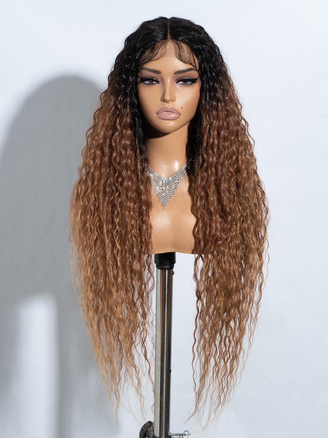 Joedir 32" Long Deep Curly Wavy Lace Front Synthetic Wigs HD Transparent Glueless Lace Wig Heat Resistant Fiber Pre Plucked Hairline with Baby Hair Wig for Women (Ombre Brown)
