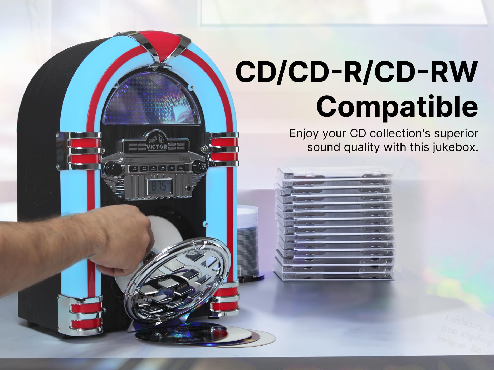 VICTOR VDTJ-1550 Broadway Desktop Bluetooth CD Jukebox Speaker with FM Radio, Multicolor LED Lighting, and Aux Input – Perfect for Retro-Style Music Streaming and Ambient Lighting