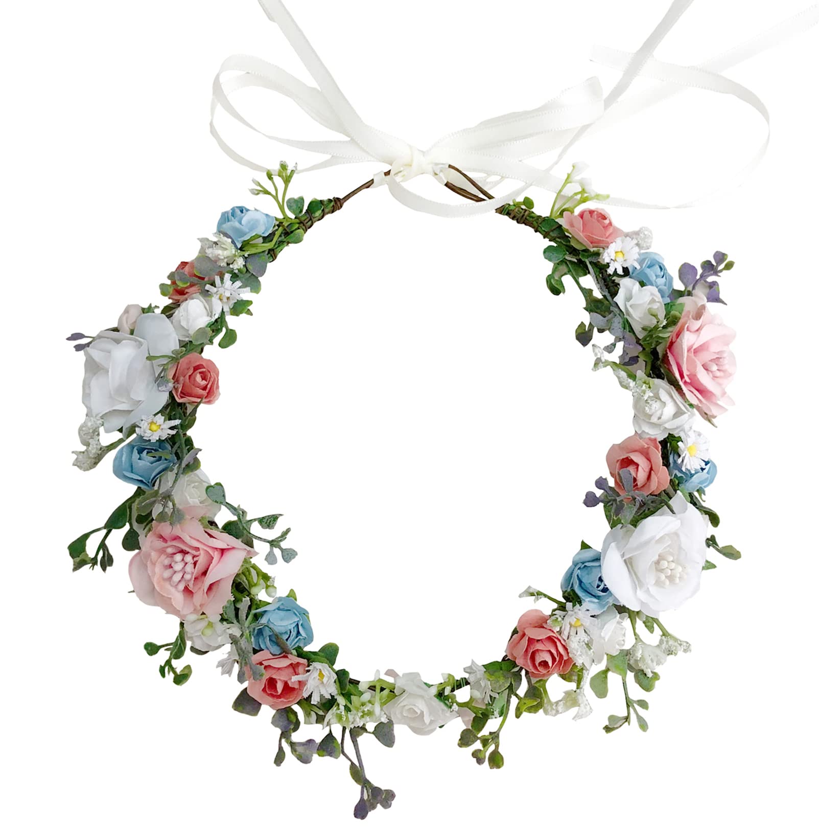 Brikuinr Daisy Flower Crown Floral Wreath Headband Hair Wreath Hair Garland Flower Halo Floral Headpiece Boho with Ribbon Wedding Party Festival — image 1