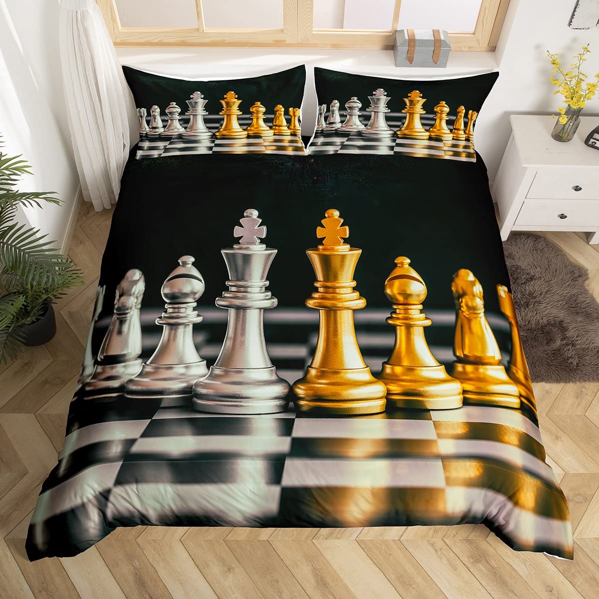 Homemissing Golden and Silver International Chess Bedding Set for Girls Boys Board Game Comforter Cover King and Knight Duvet Cover Geometric Checkerboard Bedspread Cover Single Size Decor 2Pcs — image 1