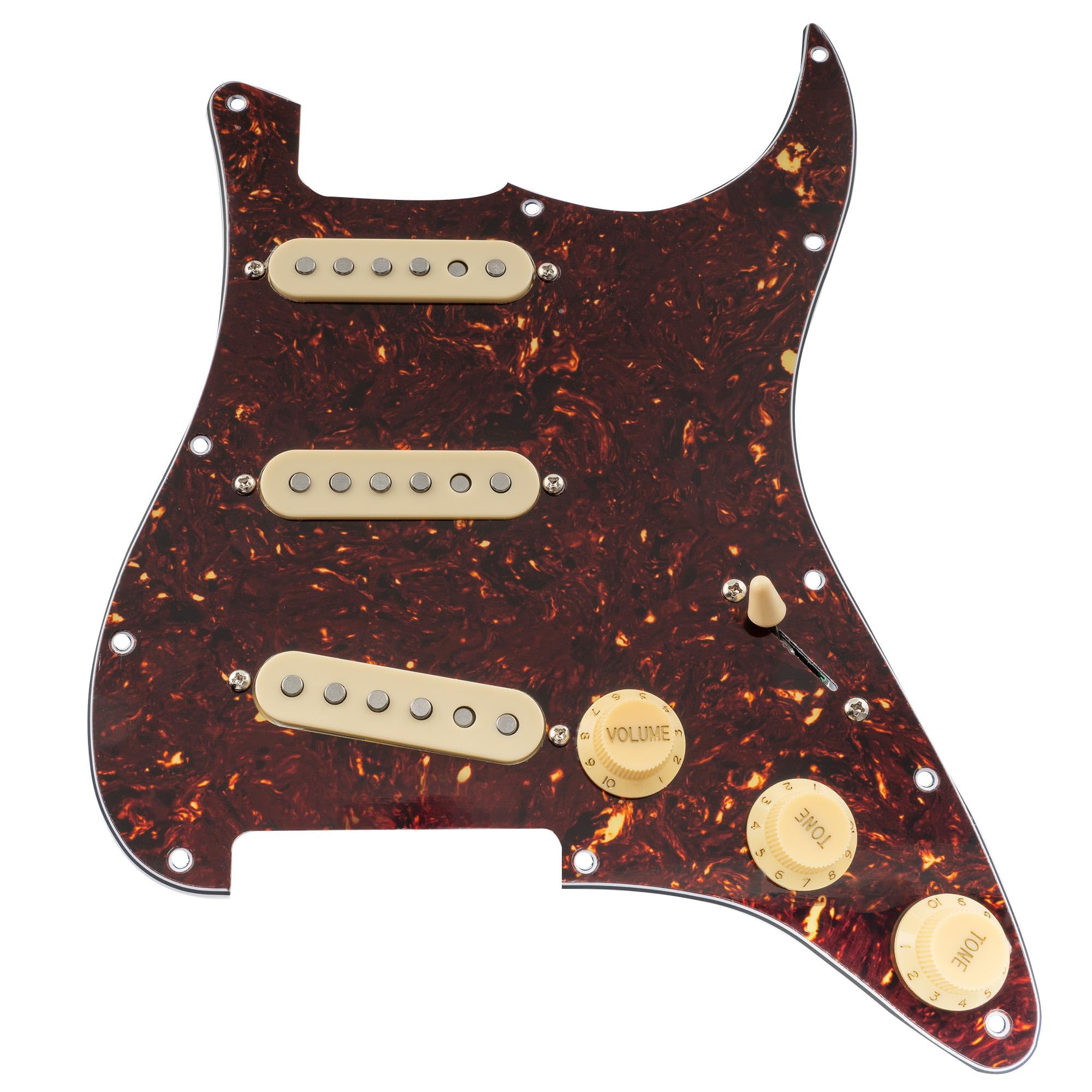 Musiclily Pro SE Pre-wired Standard SSS Pickguard with Staggered Alnico 5 Magnet Single Coil Pickups for ST Style Electric Guitar, 4ply Tortoise Shell
