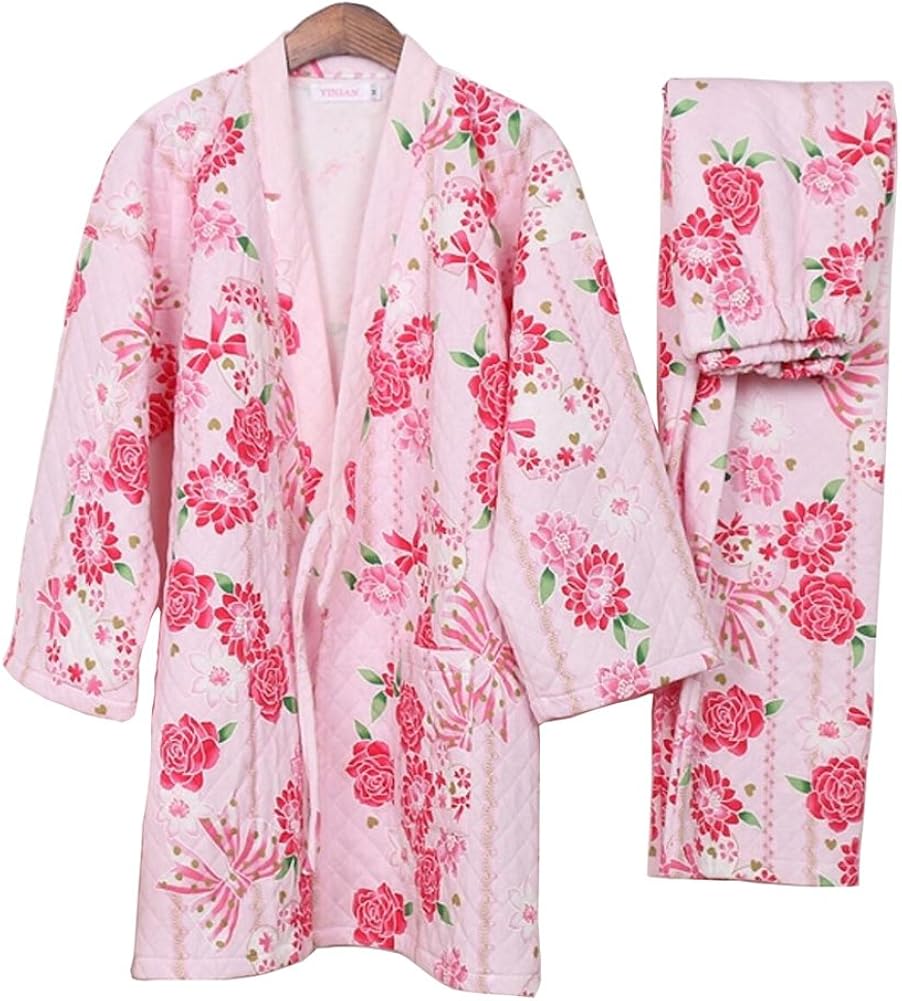 FANCY PUMPKIN Retro Thicker Women's Japanese Style Pajamas Warm Kimono Pajamas SuitPink at