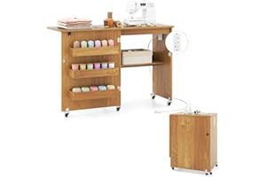 DORTALA Folding Sewing Table with Charging Station, Rolling Craft Station with 3 Storage Bins & Open Shelf, Mobile Sewing Mac