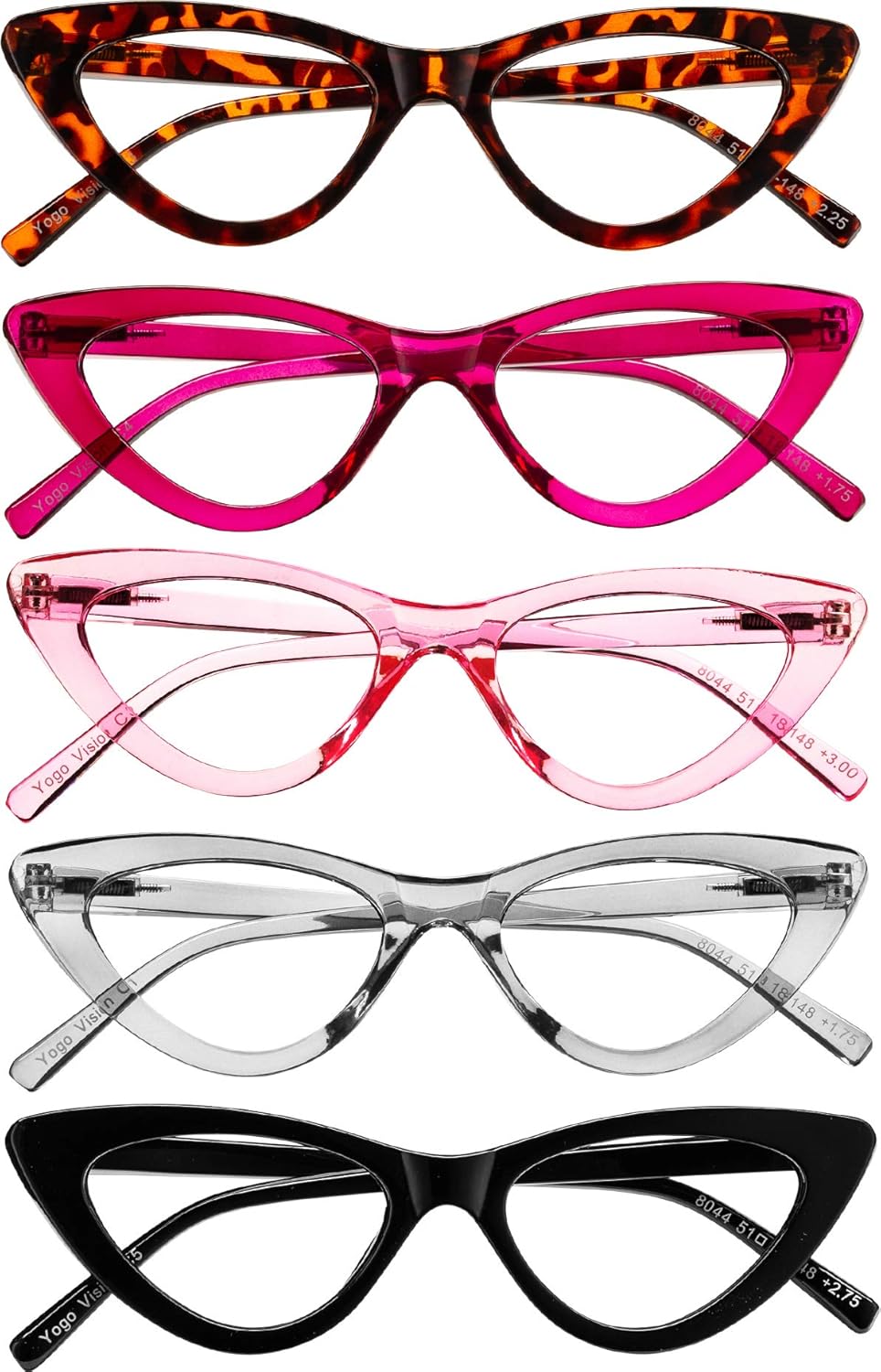 Yogo Vision Reading Glasses 5 Pk Readers for Women Cateye Eyeglasses and Light Spring Hinge Frame +2.75: Clothing
