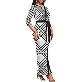 Nmoder Maxi Dress for Women Long Church Cocktail Casual Dresses Colorblock Front Split 3/4 Sleeve V Neck Pencil Dress