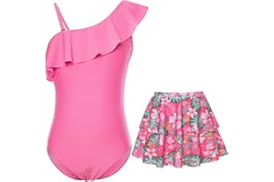swimsobo Girls One Piece Swimsuit with Skirt One Shoulder Ruffle Bathing Suit Adjustable Swimwear for Size 5-12 Years