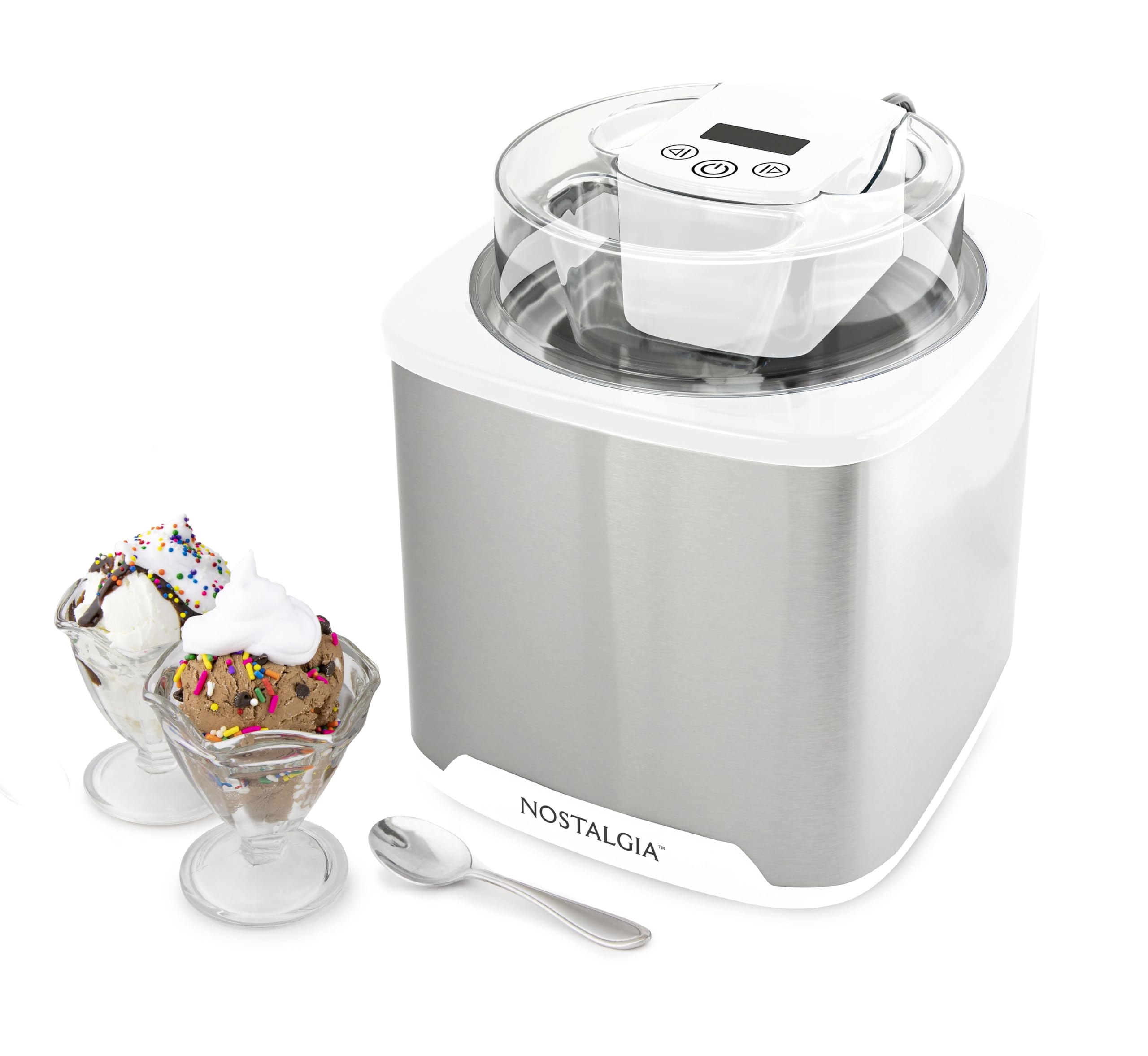 Photo 1 of Nostalgia 2-Quart Electric Ice Cream Maker – Make Homemade Ice Cream, Gelato, Sorbet & Frozen Yogurt – No Salt/Ice Needed, Digital Controls, Mix-In Chute & Freezing Gel Canister – Stainless & White