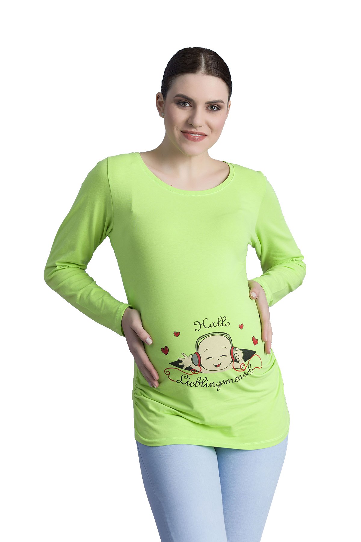 Hallo Lieblingsmensch - Funny Cute Sweet Lovely Maternity Long Sleeved T-Shirt with Print Pattern Pregnancy Gift (Green, Large)