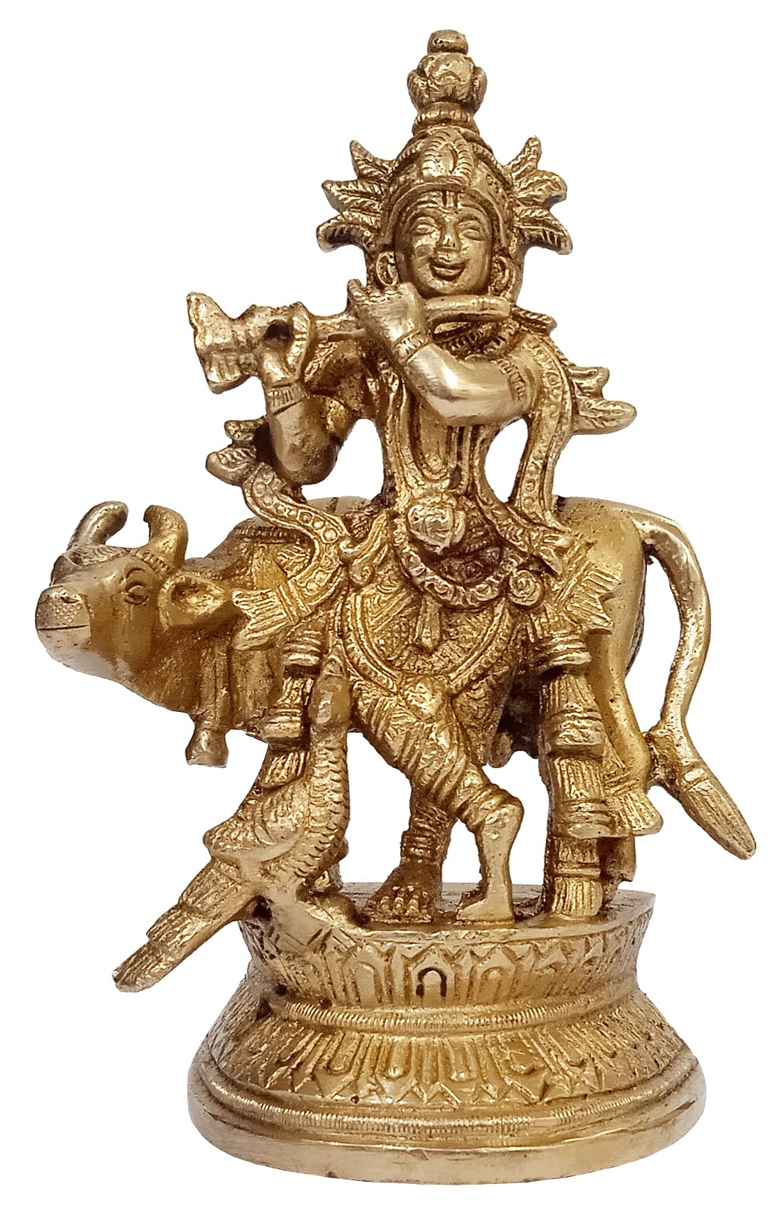 Purpledip Brass Idol Krishna Gopala Govinda With Cow: Collectible Statue For Home Temple Mandir (10914A)