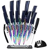 15pcs Blue Kitchen Knife Set, Rainbow Titanium Knife Block Set, High Carbon Stainless Steel Knives Set for Kitchen, Professional Chef Knife Sets for Kitchen with Sharpener Acrylic Block, Best Gift