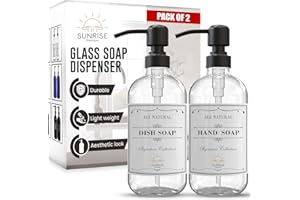 Sunrise Premium 2 Pack Clear Glass Soap Dispenser 16 OZ with Matte Black Stainless Steel Pump, Hand and Dish Soap Dispenser Set for Bathroom and Kitchen Sink with 6 Waterproof Labels