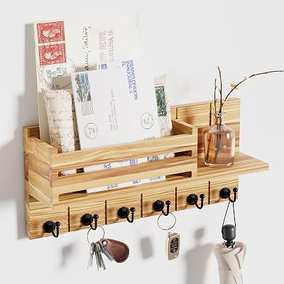 SWTYMIKI Wall Key Holder with Shelf Mail Organizer Brown 6 Hooks
