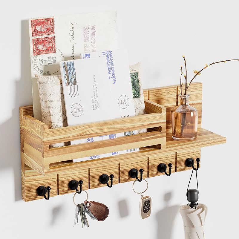 SWTYMIKI Wall Key Holder with Shelf Mail Organizer Brown 6 Hooks