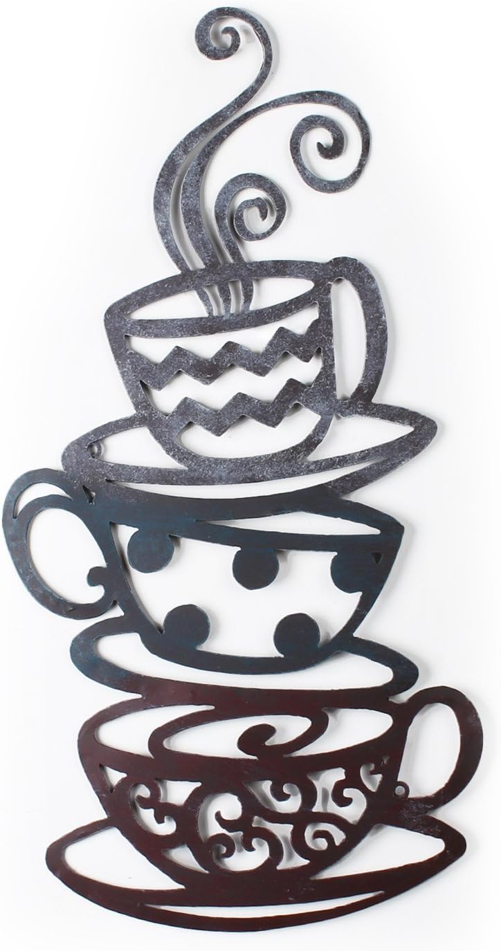Asense Rustic Metal Wall Decor, Stacked Coffee Cups Wall Hanging Sculptures Arts, Accents Decoration for Home Office Cafe, 12.2" W x 23.6" H
