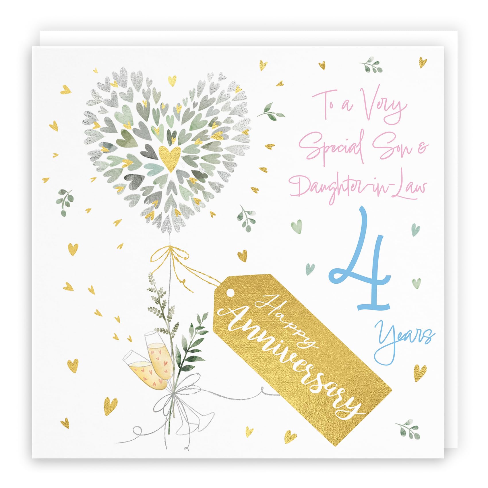 Hunts England - Son And Daughter-in-Law 4th Anniversary Card - 4 Years - Contemporary Hearts - Gold Foil - 4th Wedding Anniversary Card For Son And Daughter In Law - Milo's Gallery