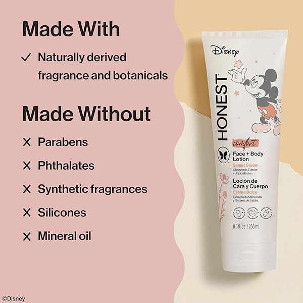 THE HONEST COMPANY MOISTURIZING FACE AND BODY LOTION FAST ABSORBING DERMATOLOGIST TESTED HYPOALLERGENIC DISNEY’S MICKEY MOUSE COMFORT SWEET CREAM 8.5 FL OZ