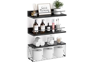 Kowsinde Bathroom Shelves with Wire Storage Basket, Floating Shelves Over Toilet with Protective Metal Guardrail, Wood Wall M
