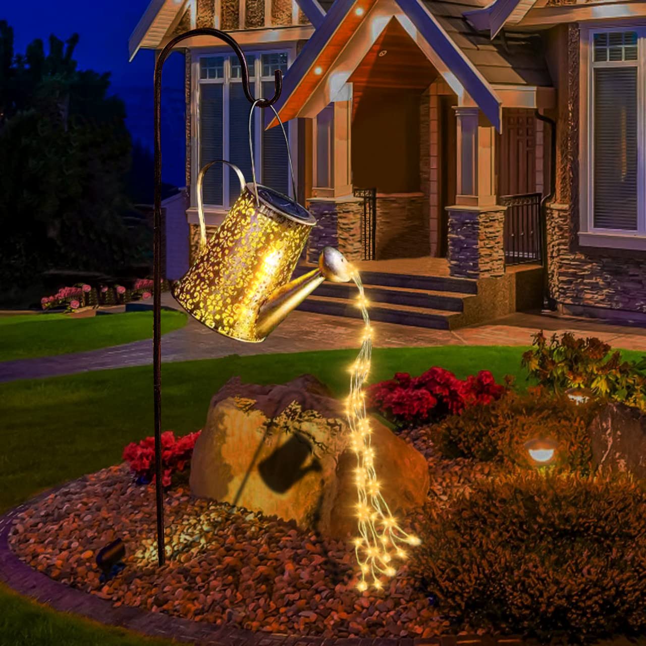 Solar Watering Can Lights Garden Ornaments Outdoor - Large Lantern Waterproof Copper Outdoor Sculptures Ornament Star Led Fairy Art Decorative Lamp Hanging Yard (with Bracket)