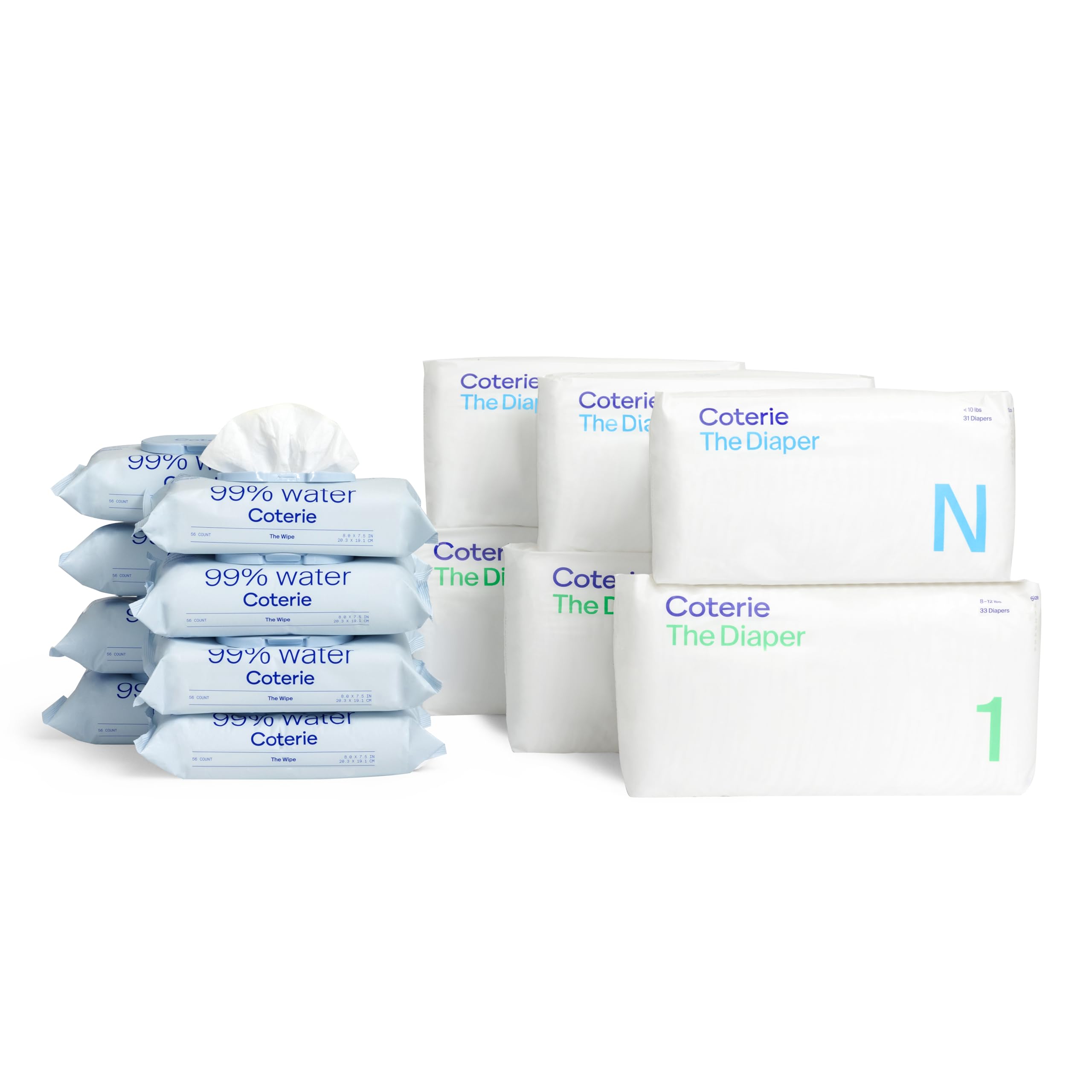 Coterie Baby Wipes + Diapers Kit, Size 1 (99 Count) & Size Newborn Diapers (93 Count), 8 Pack (448) Baby Wipes with 99% Water, Plant Based Materials, Hypoallergenic for Sensitive Skin
