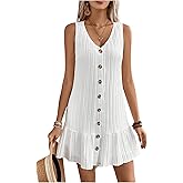 SOLY HUX Women's V Neck Button Down Mini Dress Sleeveless Ruffle Dressy Casual Summer Textured Dresses