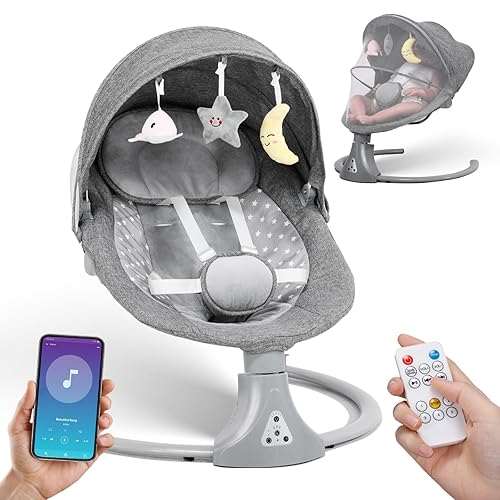 Baby Swing with Bluetooth Remote Control | Baby Swing Chair 5 Levels Electric Baby Swing Cordless | Baby Rocking Chair 12 Lullaby & 3 Timer | 3 Angle Portable Baby Bouncer Swing for Newborn Boys Girls
