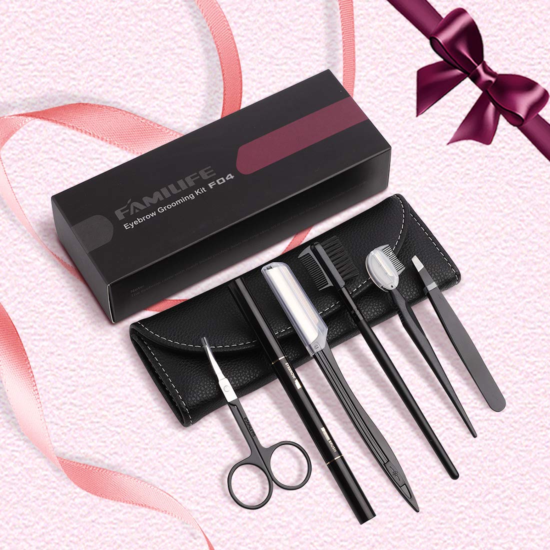 FAMILIFE F04 Eyebrow Kit 7 in 1 Eyebrow Scissors,Razor Eyebrow Pencil, Eyebrow Brush with Black Leather Bag: Home Improvement