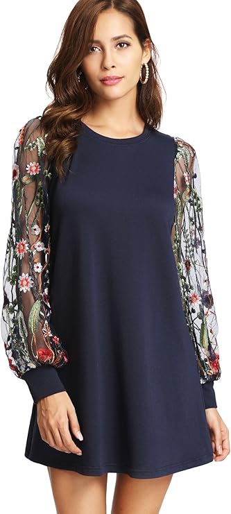DIDK Round Neck Floral Embroidered Mesh Sleeve Pullover Tunic Dress Navy L best women's spring dresses