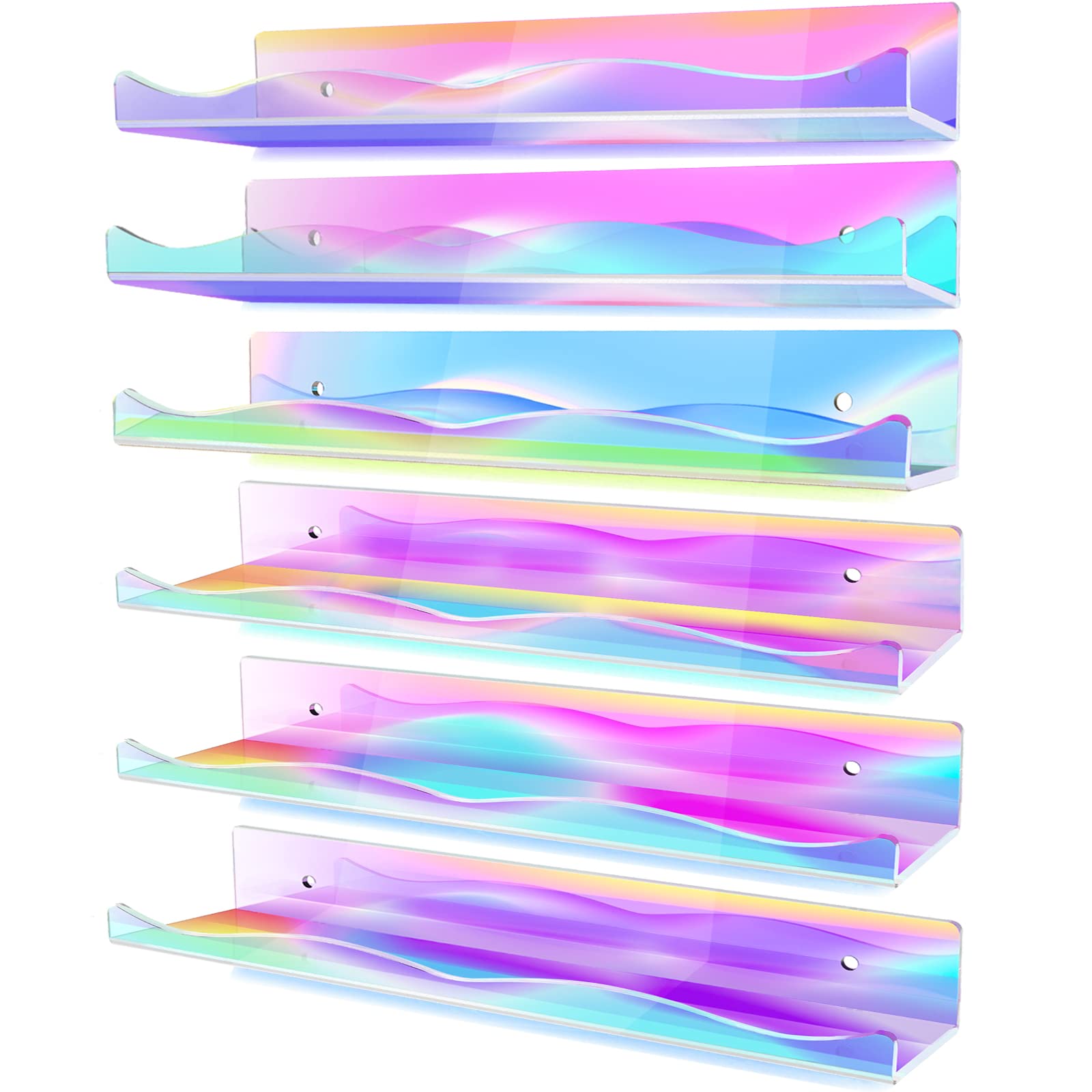 LINYAPRY 6 Packs Iridescent Clear Acrylic Floating Shelves, 15.7 Inch Large Dolls Pop Display Case Picture Ledge Shelf, Acrylic Floating Wall Bookshelf Organizer for Kids Room Bathroom Nursery