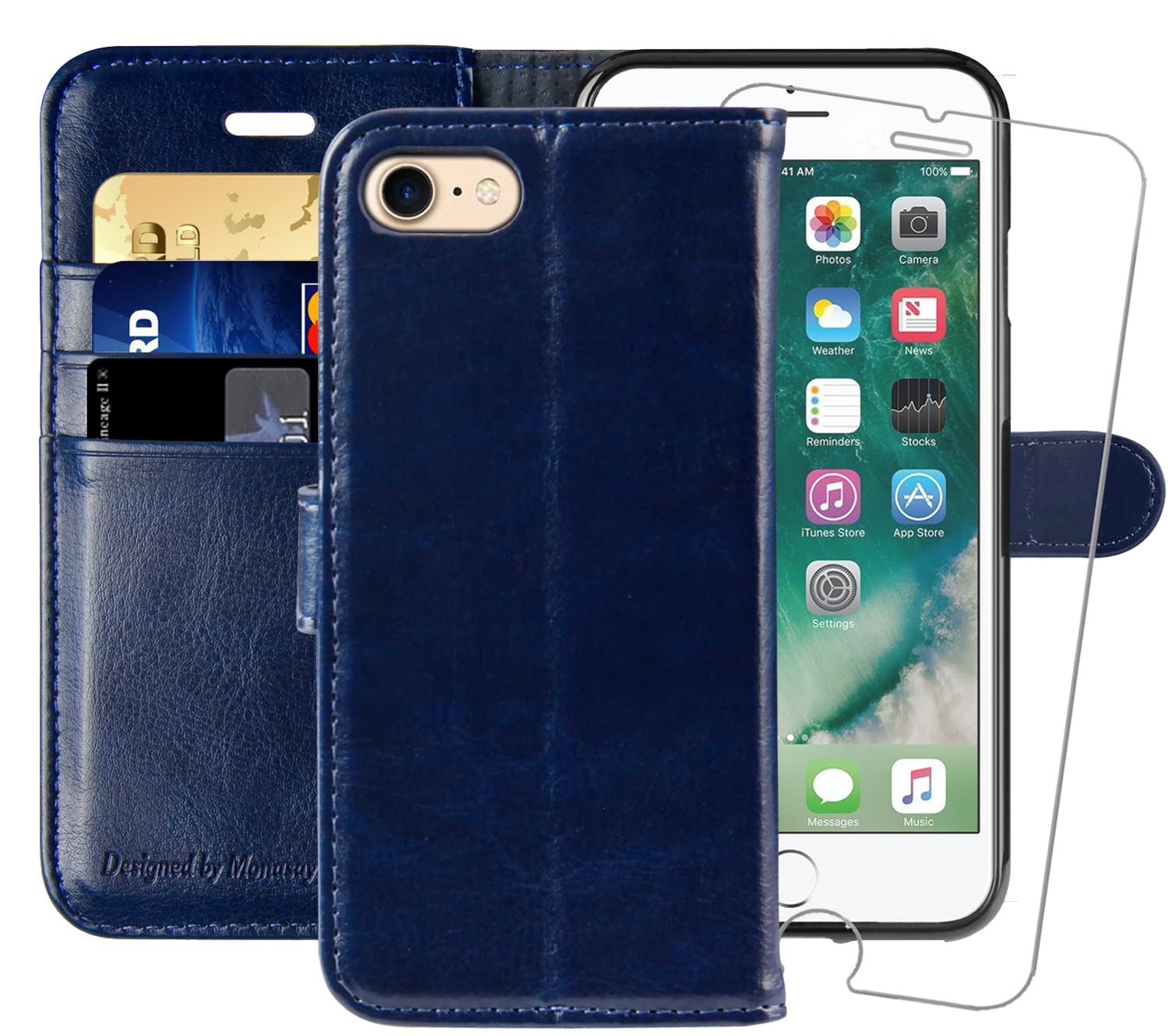 MONASAY iPhone SE 2022/2020 5G Case,iPhone 8 Wallet Case, iPhone 7 Case,4.7-inch, [Glass Screen Protector] Flip Folio Leather Cell Phone Cover with Credit Card Holder for Apple 7/8/SE2/SE3,Blue — image 1