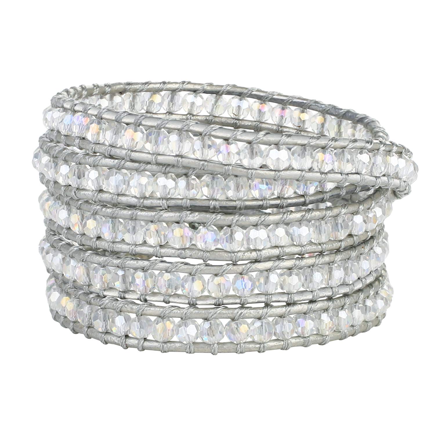 KELITCH Clear Crystal Beads 5 Wrap Bracelet Women Leather Bangle New Charm Strand Cuff Handmade Fashion Jewelry Gift