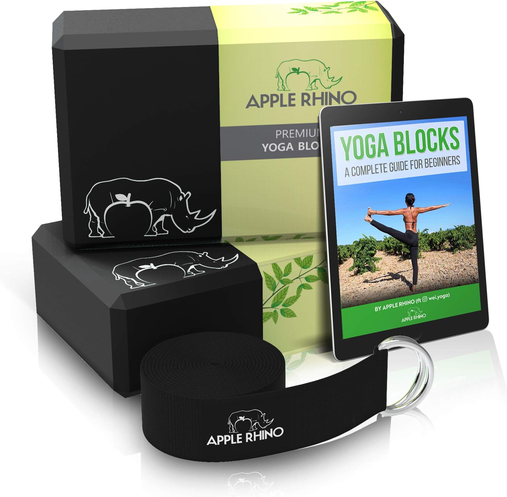 APPLE RHINO Premium 2nr Yoga Blocks and Strap - Includes FREE e-Book; 2 pack high density yoga block with metal D ring cotton belt; provides Stability, Balance, Strength for yoga and pilates practice