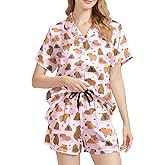 Yfduk Womens Pajama Set Satin Pjs Sets Short Sleeve Button Down Top and Shorts Soft Comfy Lounge 2 Piece Sleepwear