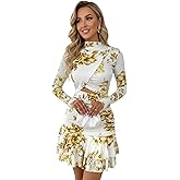 winkbay Women's Floral Layered Ruffle Ruched Dress Wrap Mock Neck Bodycon Mini Evening Party Cocktail Dresses