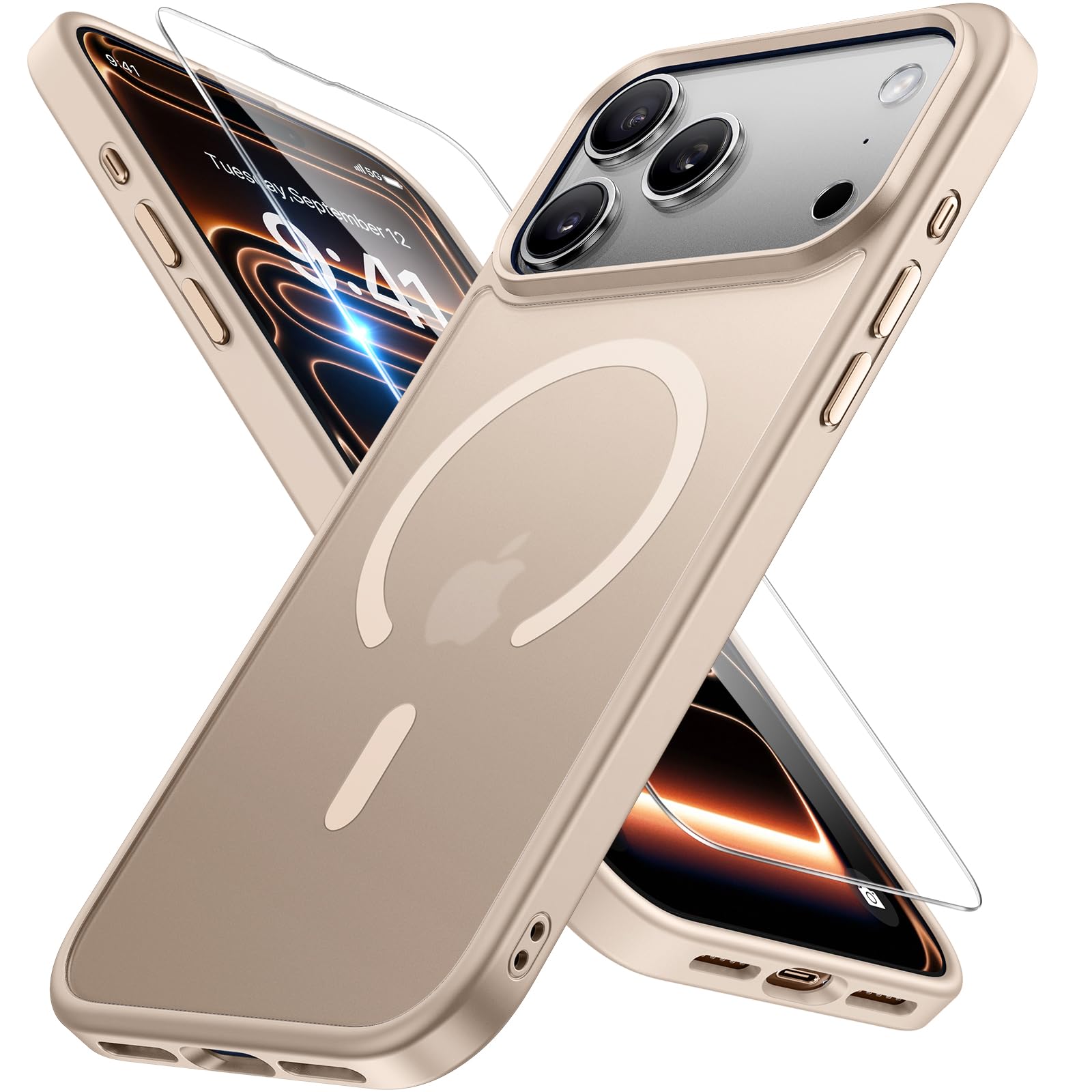 Photo 1 of Miracase Magnetic for iPhone 17 Pro Case 6.3" with Screen Protector, [Compatible with MagSafe] Military-Grade Protection, Anti-Fingerprint, Slim Thin Phone Case for 17 Pro Cover, Glod Gold
