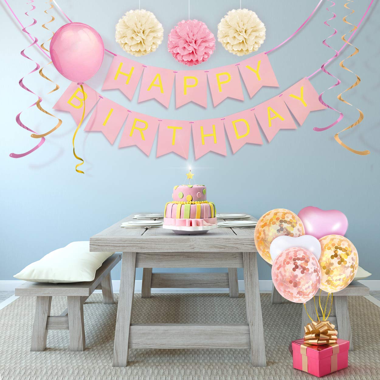 Set Decorazioni Compleanno Rosa - Striscione, Tende, Palline Nido D'Ape - Feste Per Ragazze E Ragazzi - Foto 6