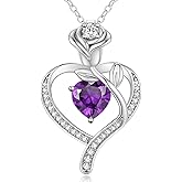 LOUISA SECRET Rose Flower Heart Birthstone Necklaces for Women, 925 Sterling Silver Fine Jewelry, Pendant Heart Necklaces Birthday Anniversary Christmas Gift for Women Wife Mom Girlfriend Lady