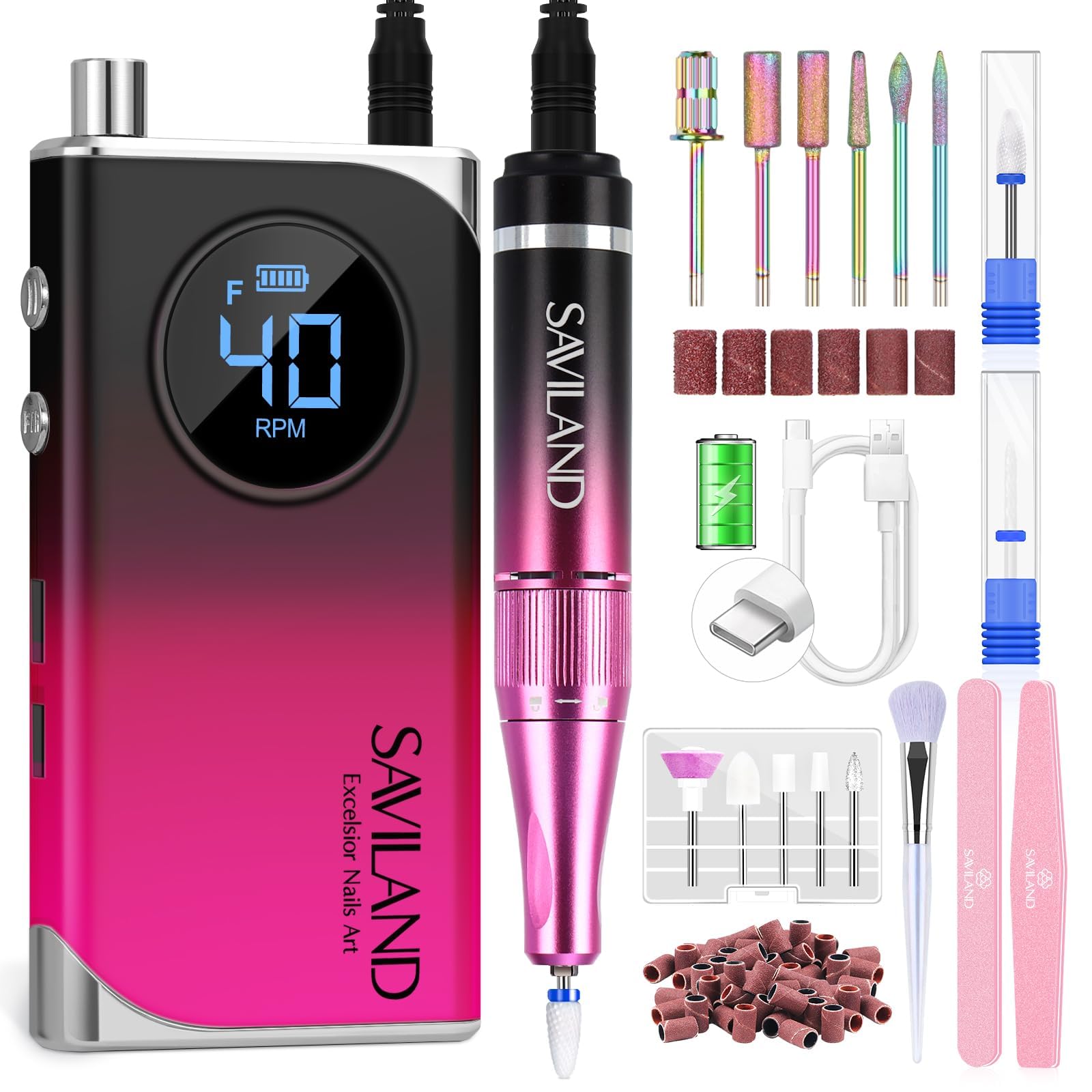 SAVILAND Professional Nail Drill for Acrylics: 2024 High Tech 40000RPM Electric Nail Drill 6000mAh Efile Machine Rechargeable Nail File Portable Nail Grinder Ceramic Drill Bit Salon Manicure Pedicure